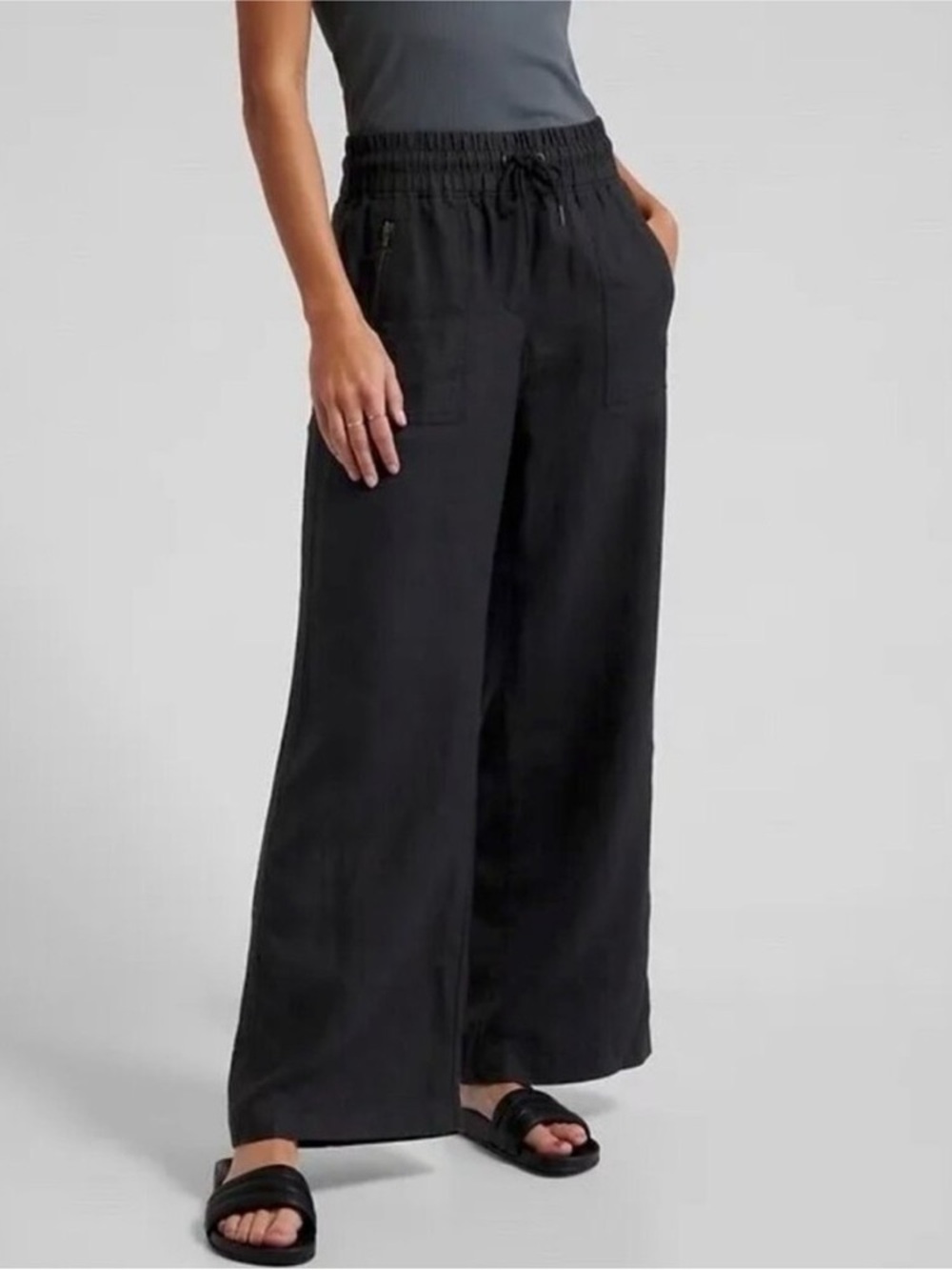 Athleta Cabo 100% Linen Wide Leg Black Pant Size 6